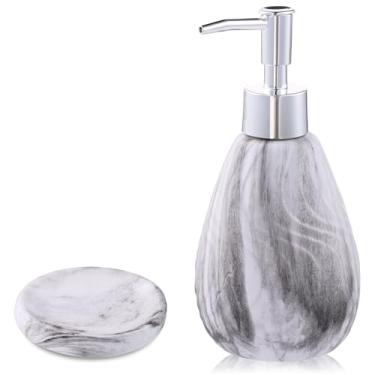 Imagem de Conjunto de dispensador de sabão de bancada com prato, acabamento marmorizado (branco)