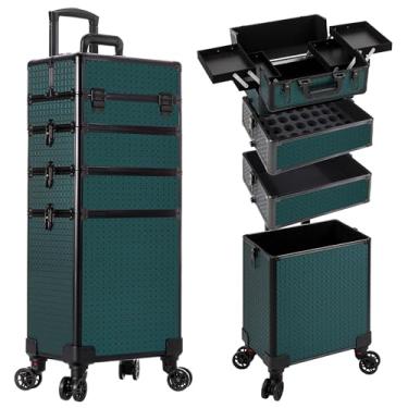 Imagem de AROUS Estojo de maquiagem com rodinhas 4 em 1 para cosmetologia com rodas grande carrinho de cosméticos com porta-chaves de salão de beleza, porta-malas, verde