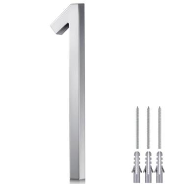 Imagem de Blulu Número de casa grande flutuante de 20 cm de aço inoxidável 0-9 para casas externas flutuantes modernas com kit de unhas e instruções de endereço prateado de alto brilho (número 1)
