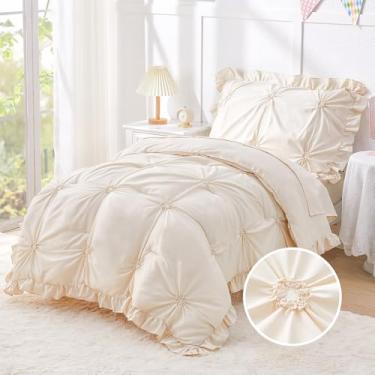 Imagem de Wowelife Jogo de cama infantil para meninas, 4 peças, bege, com babados, boêmio, boêmio, jacquard inclui edredom, lençol com elástico, lençol de cima e fronha, bege