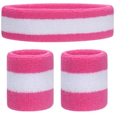 Imagem de ONUPGO Conjunto de pulseiras para crianças – Faixa atlética de algodão para bebês (1 faixa de cabeça + 2 pulseiras) (rosa / branco/rosa)