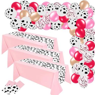 Imagem de Oudain A decoração de festa de vaqueira Western Disco inclui 3 peças de toalhas de mesa com estampa de vaca rosa de 137 x 274 cm e 60 peças de artigos de aniversário de balões de vaca para festas