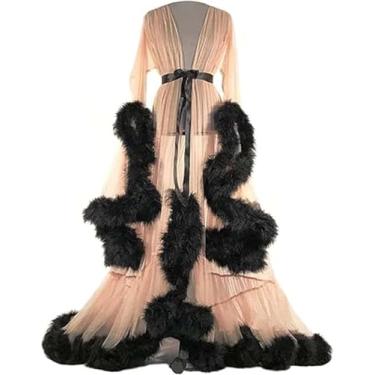 Imagem de Lingerie Feminina Robe Plus Size Lingerie Sexy Robe Mesh Sheer Lace Nightwear Mangas Queimadas Roupão Com Guarnição De Penas Tule Lotus Leaf Manga Comprida, C, One Size