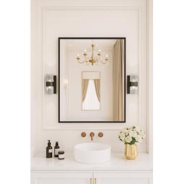 Imagem de miroro 91 cm C x 71 cm L Espelho de banheiro emoldurado de metal preto para parede espelho retangular de ângulo reto antiferrugem, vidro temperado, pendurado horizontal ou verticalmente
