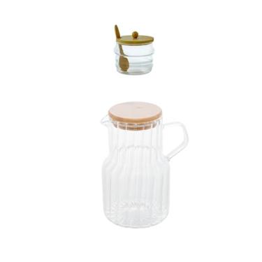 Imagem de Kit Açucareiro e Jarra de Vidro 1L com Tampa de Bambu – Design Elegante e Funcional para Cozinha, Café da Manhã ou Servir Bebidas