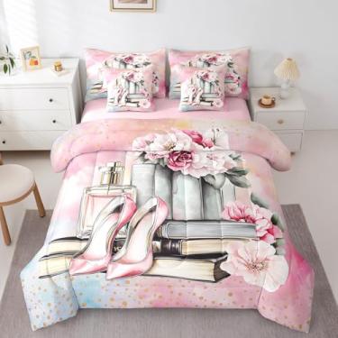 Imagem de Erosebridal Conjunto de cama floral rosa em uma bolsa, tamanho solteiro, para meninas, adolescentes, feminino, moderno, 7 peças, conjunto de cama romântico, perfume, com lençóis, fantasia, sonhador