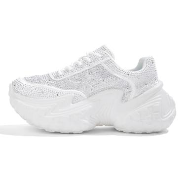 Imagem de LUCKY STEP Tênis feminino grosso plataforma fashion strass brilhante pai caminhada sapatos borboleta renda plataforma casual brilhante sola grossa calçado, Branco, 35