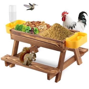 Imagem de Comedouros e bebedouros de frango, kit de alimentador de frango sem desperdício (madeira maciça carbonizada)