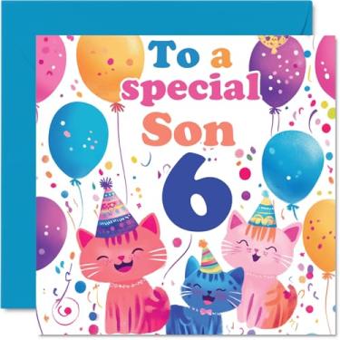 Imagem de Cartão de aniversário 6th Son - Cute Cats Special Son - Happy 6th Birthday Card for Son from Mum Dad, 145 mm x 145 mm Idade 6 Seis cartões comemorativos para filho