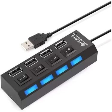 Imagem de HUB USB 4 Portas 2.0 Compacto, Compatível com: Pen Drive, TV/Monitor, Mouse, Teclado, Impressora, e Carregadores de Celulares, com Botão Lig/Des com LED Indicador.