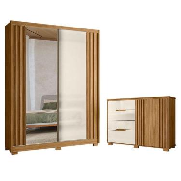 Imagem de Guarda Roupa Solteiro Colorado E Cômoda Texas Freijó Off White Com Espelho - Moval