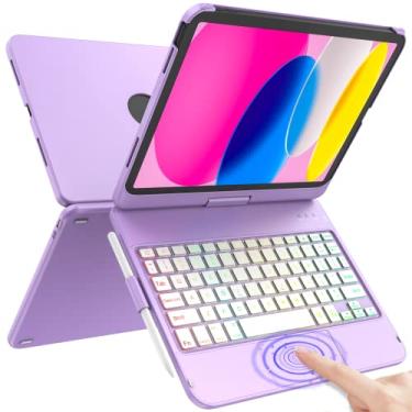 Imagem de Capa para iPad A16 11ª geração/10ª geração com teclado, teclado sensível ao toque para iPad 11 polegadas/10ª geração 11 polegadas 2022-10 luz de fundo colorida, capa protetora rotativa de 360° (roxo