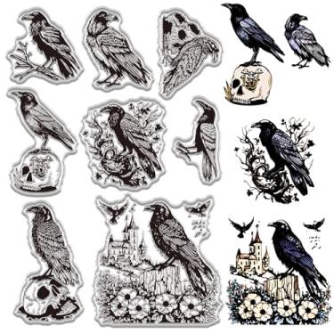 Imagem de CRASPIRE Carimbo transparente de animal corvo para fazer cartões de Halloween, pássaro, crânio, terror, borracha, silicone, reutilizável, selo transparente para envelopes, diário, álbum de recortes
