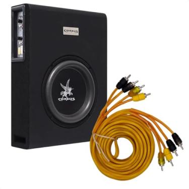 Imagem de Caixa Automotiva Amplificada 350W Subwoofer 8'' Slim 3 Canais Corzus + Cabo Rca 4 Vias Blindado Som Profissional 5 Metros Vipertron