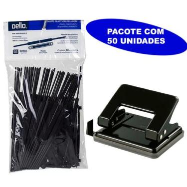Imagem de Kit grampo trilho 50 un plástico preto Dello + Furador 2 furos