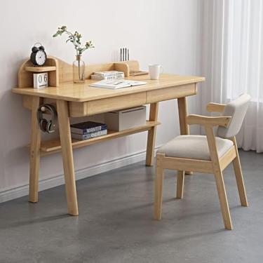 Imagem de Secretária de madeira maciça, mesa de estudo moderna de meados do século, mesa de computador com gavetas e prateleira aberta, natural, 39 polegadas