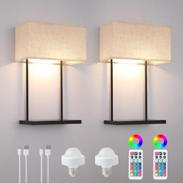 Imagem de MWZ Arandela de parede operada por bateria com prateleira, conjunto de 2, luminária de parede recarregável moderna com sombra de linho, lâmpada de cabeceira de montagem na parede com lâmpadas