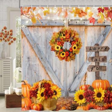 Imagem de deFouliao Cortina de chuveiro outono abóbora fazenda colheita outono dia de ação de graças madeira celeiro porta girassóis conjuntos de cortina de banheiro para banheira decoração de casa impermeável