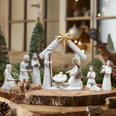 Imagem de NEROSUN Conjunto de presépio de Natal, 12 peças de resina, estatuetas da Sagrada Família em miniatura, mini estatuetas religiosas decorativas de Natal, coleção de presépio de Jesus para decoração de
