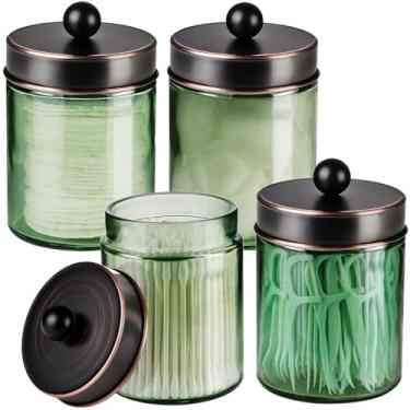 Imagem de Amolliar Suporte Qtip verde sálvia, tampa de metal de boticário de vidro e adesivos, recipiente de armazenamento para banheiro, decoração de casa de fazenda para bolas de algodão, cotonetes, almofadas