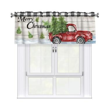 Imagem de Cortina blackout rústica vintage retrô antigo Feliz Natal caminhão vermelho sanefas para janela de cozinha, sala de estar, banheiro privacidade adicional bolso para varão decoração de casa Winow