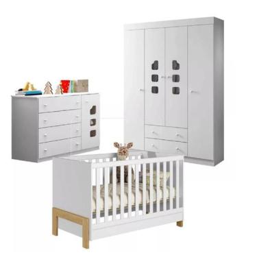 Imagem de Jogo Quarto De Bebê Com Guarda Roupa 4 Portas Comoda e Berço Americano