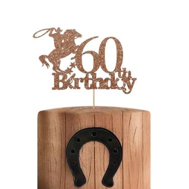 Imagem de Topo de bolo de cowboy 60º aniversário, topo de bolo de cavalo 60º aniversário para homens, decoração de bolo de rodeio Cheers to 60 anos para corrida de cavalos/festa temática ocidental - marrom