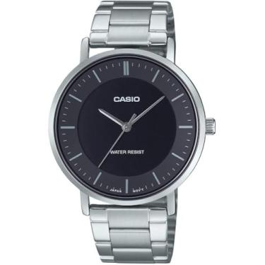 Imagem de Casio MTP-VT04D-1E Relógio analógico masculino minimalista de aço inoxidável preto em forma de côncavo com 3 ponteiros, Preto