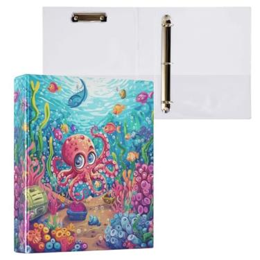 Imagem de Fichário de desenho animado de polvo submarino animal 3 anéis decorativos de 3,8 cm com prancheta e 3 bolsos transparentes, comporta 200 folhas de papel tamanho A4 fichários à prova d'água para escola