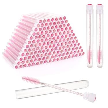 Imagem de 150 varinhas de rímel descartáveis, pincel de cílios de diamante com carretel de tubo para extensões de cílios e ferramentas de maquiagem - rosa