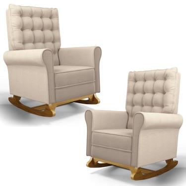 Imagem de Kit 02 Poltronas de Amamentação e Descanso Base Madeira Balanço Brenda G05 Linho Creme - Mpozenato