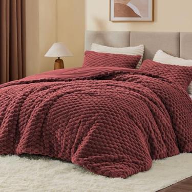 Imagem de BEDELITE Conjunto de edredom fofo de lã bordô macio para cama de solteiro, conjunto de cama quente de luxo para o inverno, 2 peças (1 edredom, 1 fronha)
