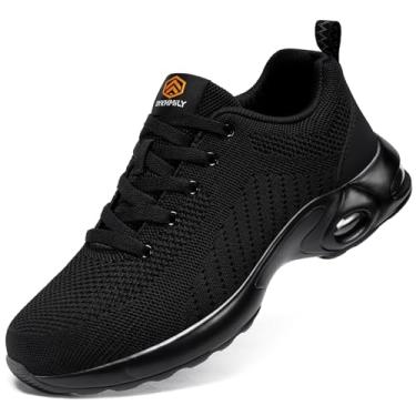 Imagem de DYKHMILY Tênis de bico de aço para homens, tamanho 3,5 a 14/feminino, tamanho 34 a 40, unissex, leve, confortável, tênis de trabalho, estilo atlético clássico, Preto sólido, 16 Women/14 Men