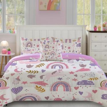 Imagem de Mfmiudole Jogo de cama de solteiro arco-íris para meninas, 6 peças, unicórnio 3D, ultramacio, conjunto de edredom com fronha