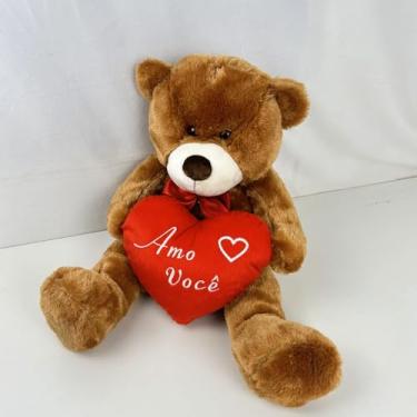 Imagem de Urso Pelúcia Grande com Coração 'Amo Você', 50cm, Antialérgico, Cores (Caramelo com coração)