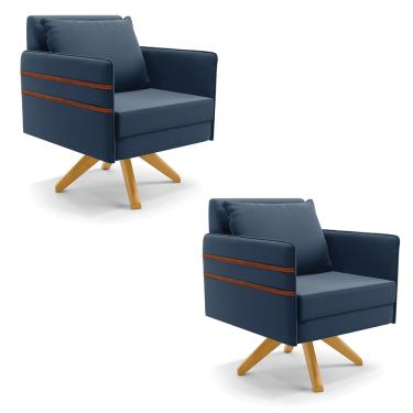 Imagem de Kit 02 Poltronas Giratória Mari Suede Azul Marinho Base de Madeira MA30 - D'Rossi