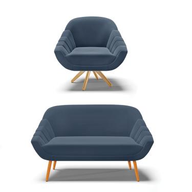Imagem de Kit 01 Namoradeira 02 Lugares e 01 Poltrona Giratória Giovana Suede Azul Marinho Base Madeira MA30 - D'Rossi
