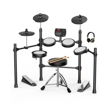 Imagem de AiJoy Conjunto de bateria elétrica com almofadas de malha silenciosas, 5 baterias, 3 pratos, caixa de zona dupla, USB MIDI, módulo de som inteligente, trono de bateria, fones de ouvido, bastões, 25