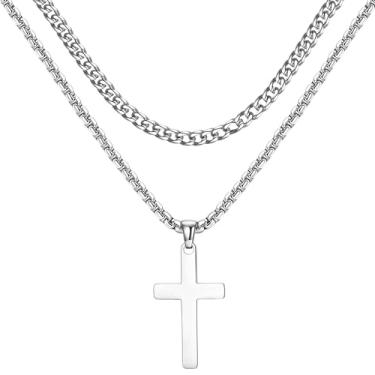 Imagem de Colar de cruz para homens e meninos – Corrente de crucifixo em camadas de aço inoxidável banhado a ouro 14K, prata e preto, corrente cubana, corrente de espinha de peixe, pingente de cruz, joias