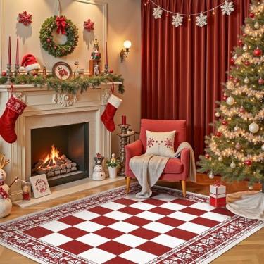 Imagem de GarveeHome Tapete vermelho de Natal com floco de neve quadriculado 10 x 15 cm, lavável, antiderrapante, tapete decorativo para quarto, sala de estar