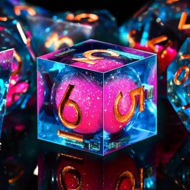 Imagem de AUSTOR Liquid Core DND Dice Set, 7-Die Sharp Edge Polyhedral Dice Quicksand Handmade Resin Dices for Dungeons and Dragons RPG MTG Table Games, Blue & Red, Copper
