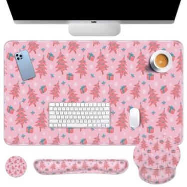 Imagem de Britimes Conjunto de mouse pad de inverno rosa azul pinheiro presente flocos de neve 4 em 1 grande mousepad teclado descanso de pulso + mouse descanso de pulso + conjunto de porta-copos com design