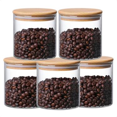 Imagem de Kit 5 Pote de Vidro com Tampa de Bambu Oikos 500ML Hermético Redondo Empilhável