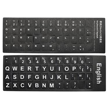 Imagem de Adesivos de teclado inglês e alemão, pacote com 2 capas de substituição de teclado universal fosco para notebook, fundo preto letras brancas
