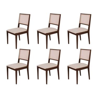 Imagem de Conjunto Com 6 Cadeiras De Jantar Estofada Suellen Em Madeira E Mdf Castanho Linho Bege