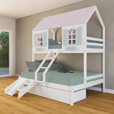 Imagem de Beliche Casal/ Solteiro Casinha Bela 02 Gavetas Kit Escada/escorregado