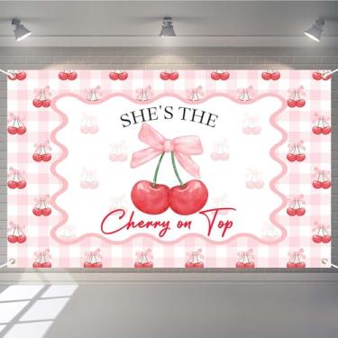 Imagem de Joliaco Cereja no topo tema cereja arco primeiro aniversário faixa rosa guingão doce menina 1º aniversário decoração cabine foto adereços (1,8 x 1,1 m)