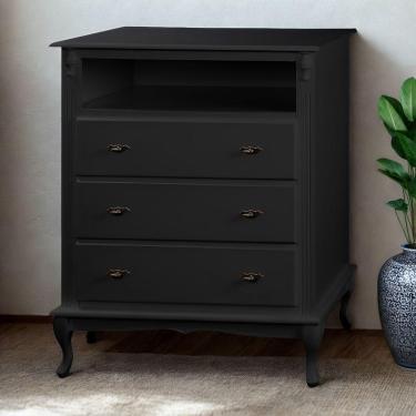 Imagem de Cômoda Rústica Com 3 Gavetas E Nicho Pés Luiz Xv - Preto Laca