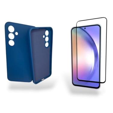 Imagem de Capa Capinha Conjunto Premium de Proteção Para Samsung Galaxy A54, Capa de Silicone com Interior Aveludado, Película de Vidro Temperado, 2 Peças, Resistente à Água (Azul)