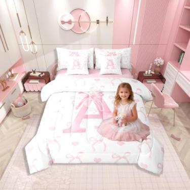 Imagem de Erosebridal Conjunto de edredom com laço rosa para crianças, cama de princesa sonhadora com laço kawaii, nó de borboleta, 7 peças, conjunto de cama com coração de amor